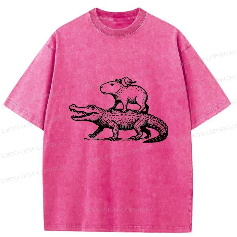 Tokyo-Tiger Capybaras Walking With Crocodile Washed T-Shirt