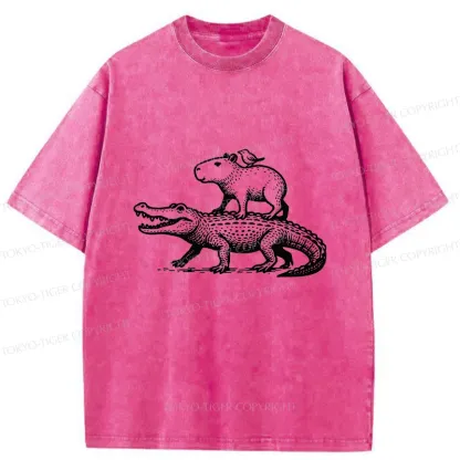 Tokyo-Tiger Capybaras Walking With Crocodile Washed T-Shirt