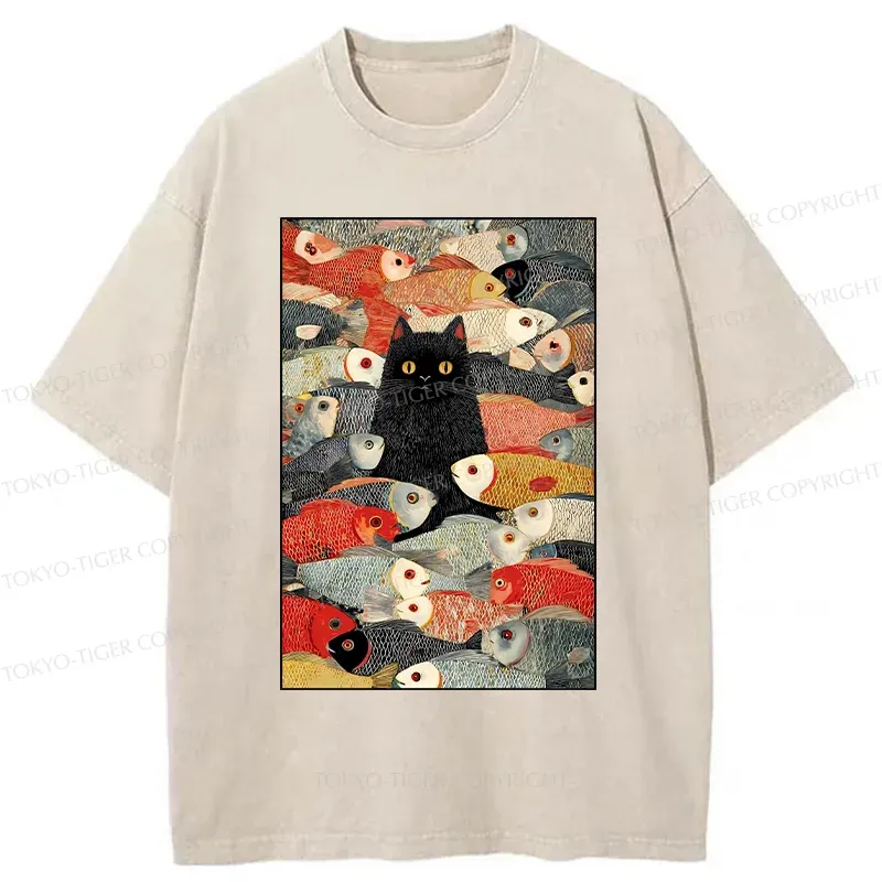 Tokyo-Tiger Cats And Fish Washed T-Shirt