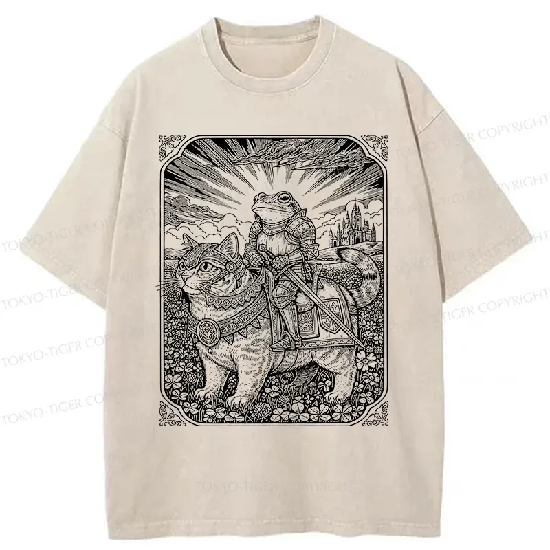 Tokyo-Tiger Frog Riding Cat Retro Washed T-Shirt