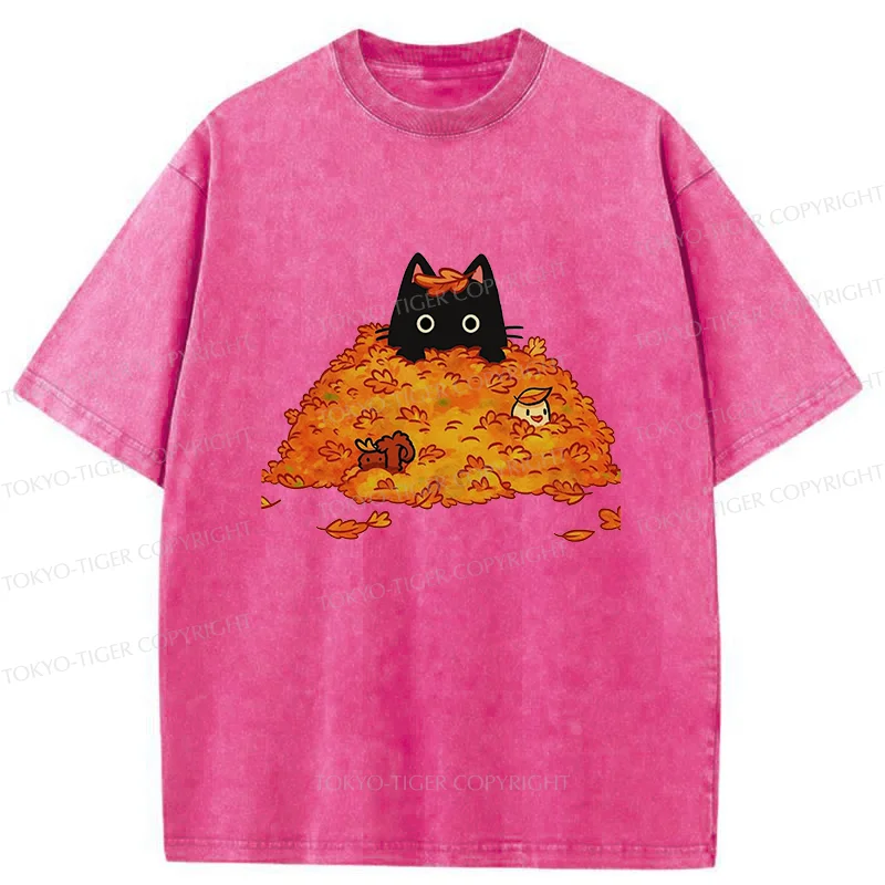 Tokyo-Tiger Black Cat In Autumn Leaves Washed T-Shirt