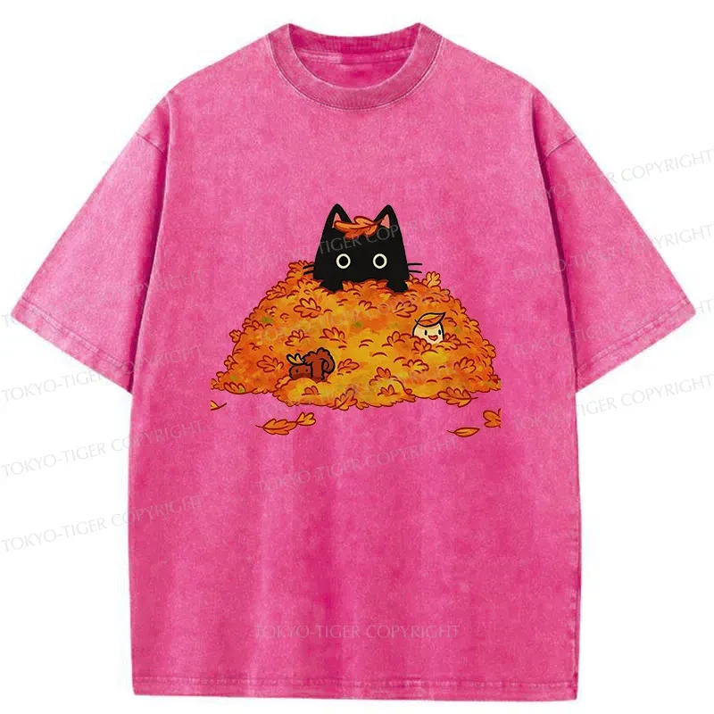 Tokyo-Tiger Black Cat In Autumn Leaves Washed T-Shirt