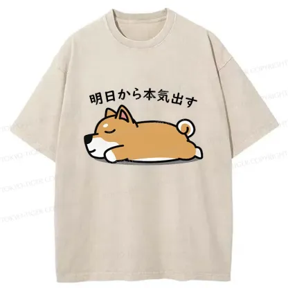 Tokyo-Tiger Lazy Puppy Funny Washed T-Shirt