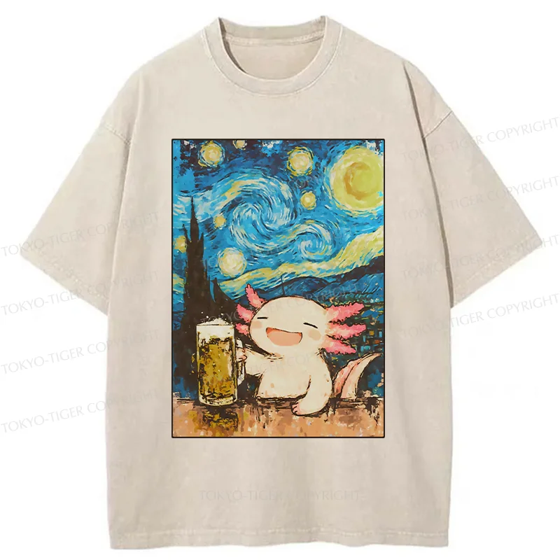 Tokyo-Tiger Axolotl Drinking Beer Washed T-Shirt