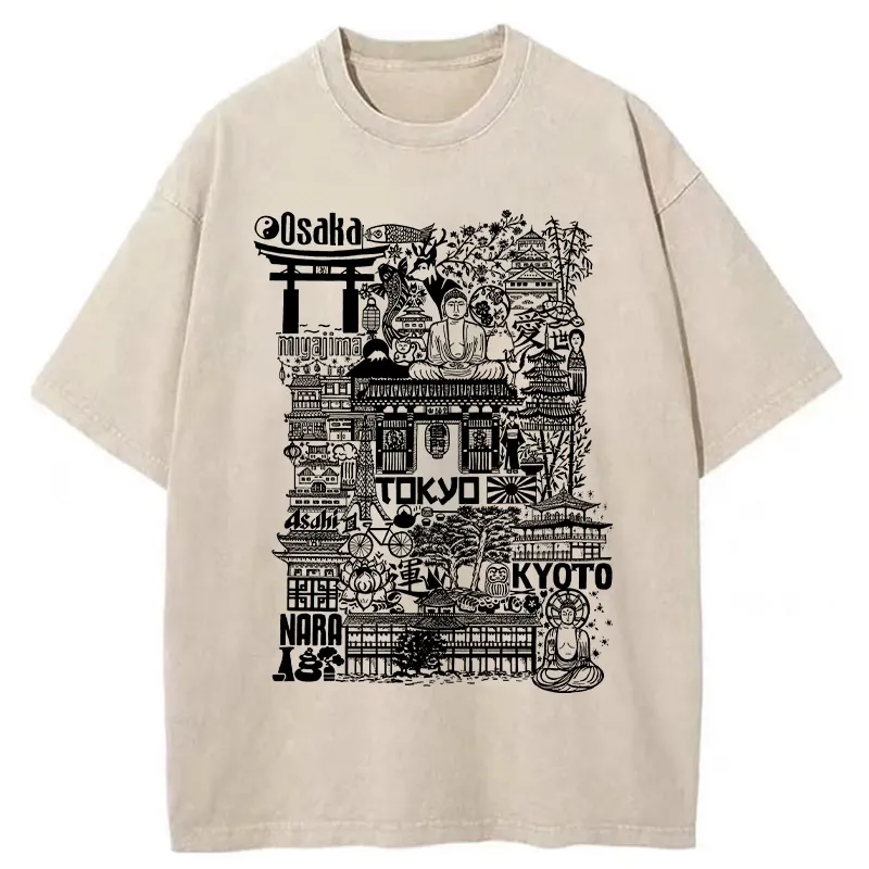 Tokyo-Tiger Japanese Line Cityscape Washed T-Shirt