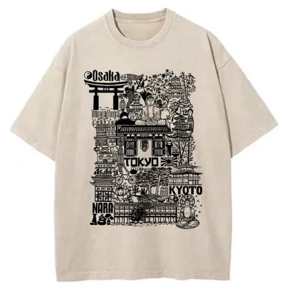 Tokyo-Tiger Japanese Line Cityscape Washed T-Shirt