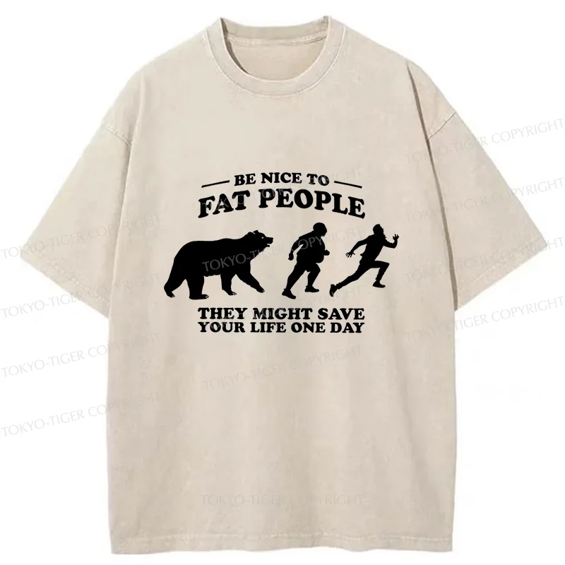 Tokyo-Tiger Fat Bear Chasing Fat Man Washed T-Shirt