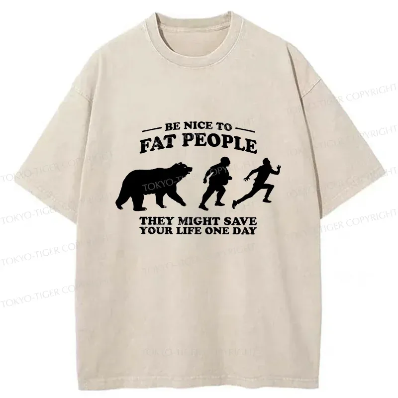 Tokyo-Tiger Fat Bear Chasing Fat Man Washed T-Shirt