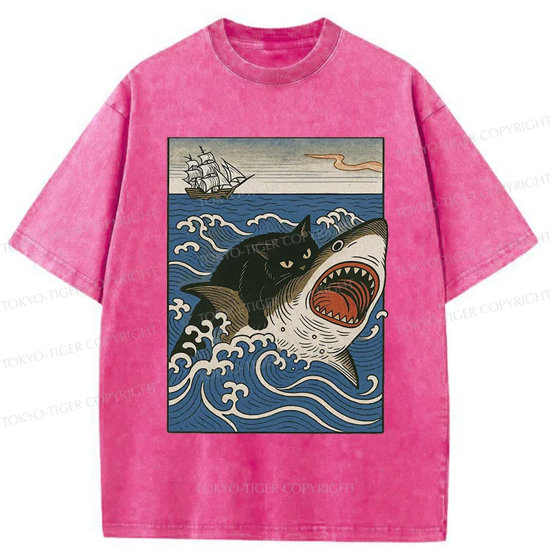 Tokyo-Tiger Cat Hunting Shark Washed T-Shirt