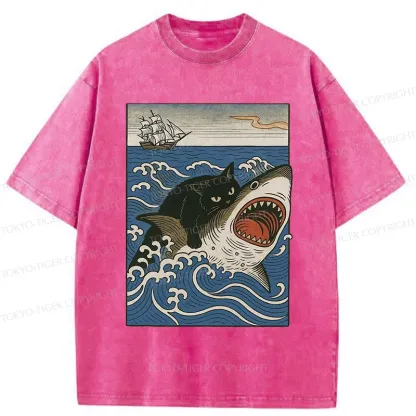 Tokyo-Tiger Cat Hunting Shark Washed T-Shirt