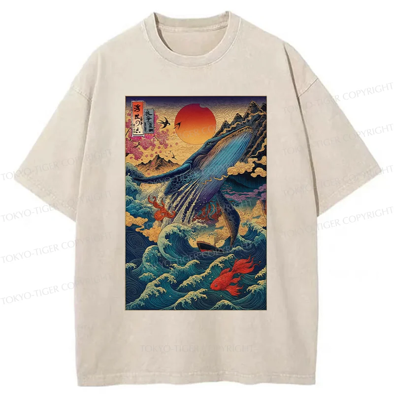 Tokyo-Tiger Ukiyoe Whale Japan Washed T-Shirt