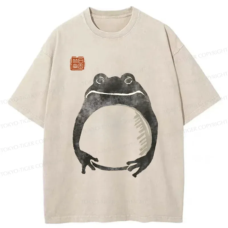 Tokyo-Tiger Retro Frog Ink Painting Washed T-Shirt