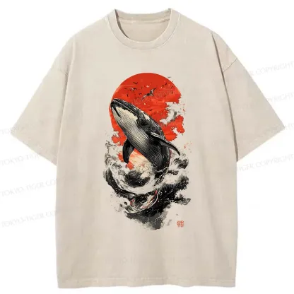 Tokyo-Tiger Ukiyo-e Whale Washed T-Shirt