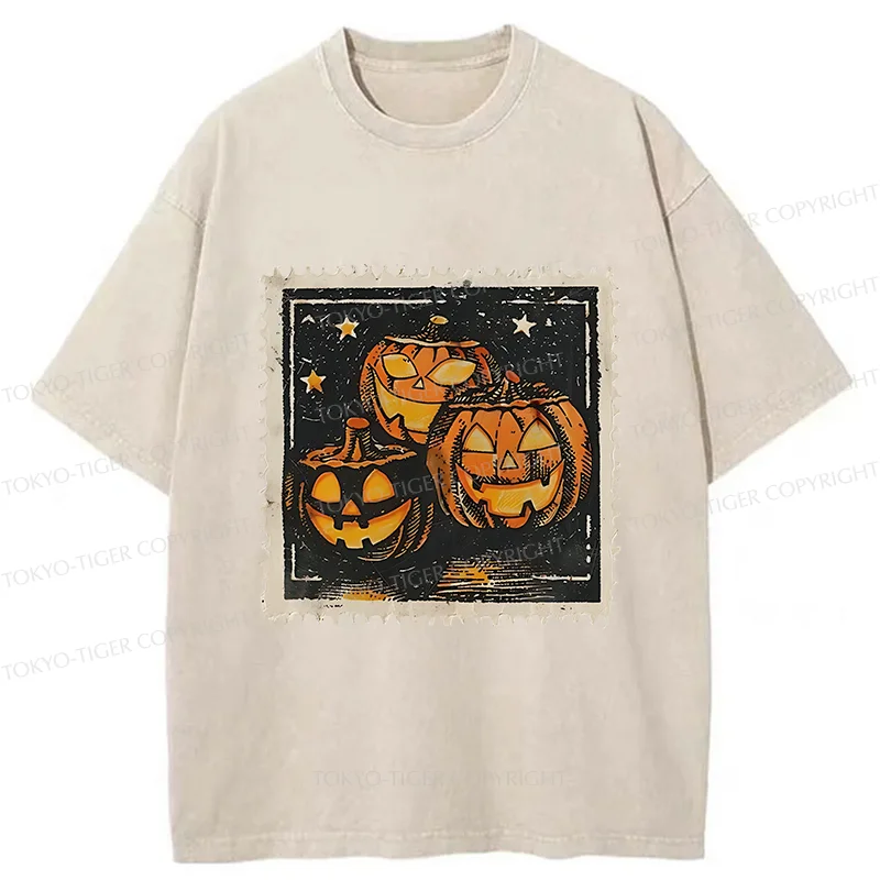 Tokyo-Tiger Halloween Pumpkin Stamps Washed T-Shirt