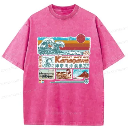 Tokyo-Tiger Retro Ukiyo-e Waves Washed T-Shirt