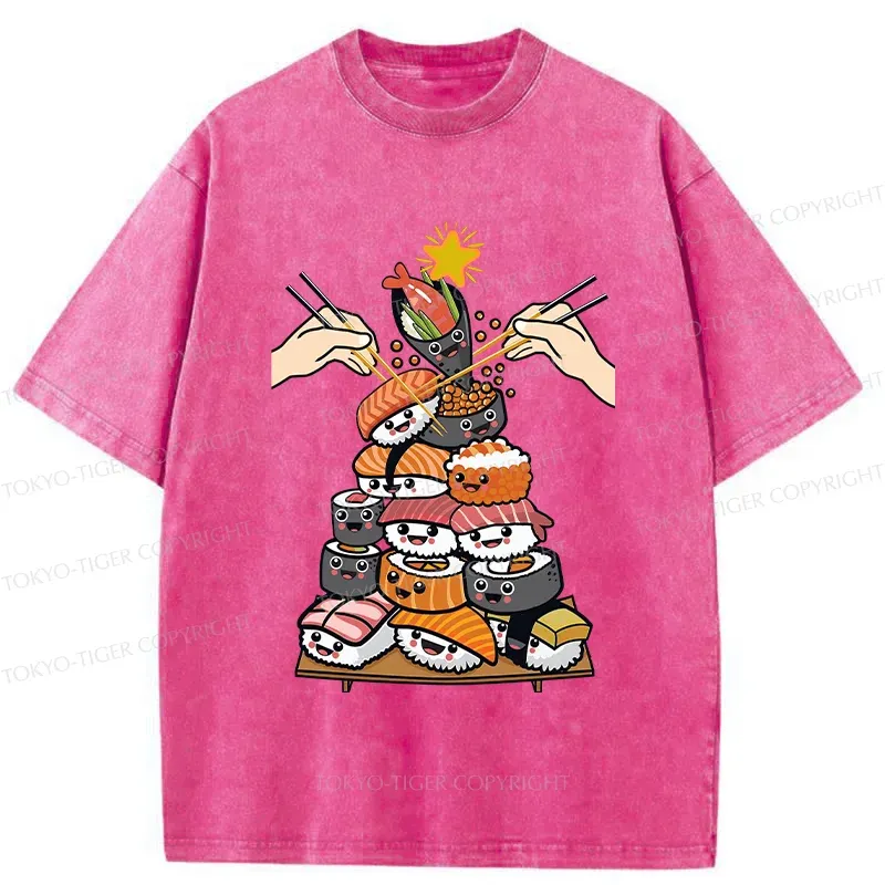 Tokyo-Tiger Sushi Christmas Tree Japan Washed T-Shirt