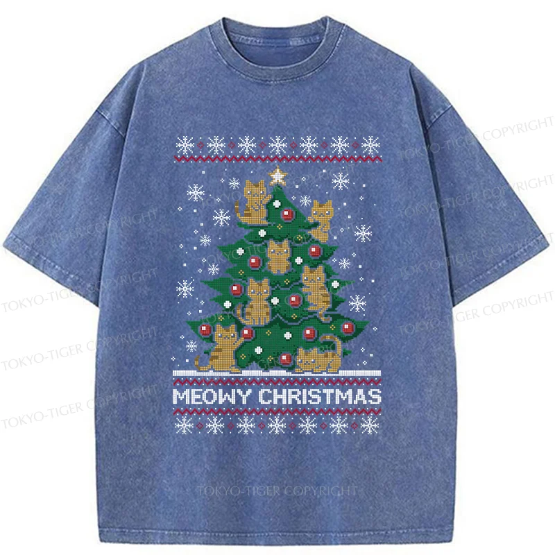 Tokyo-Tiger Cats Christmas Tree Washed T-Shirt