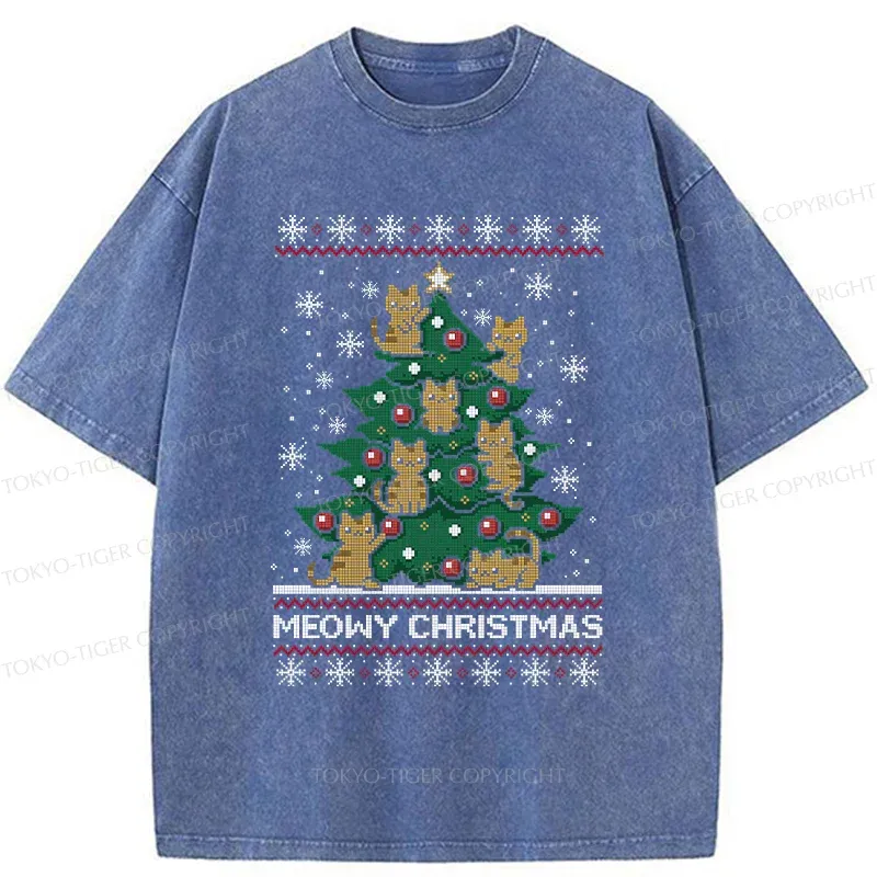 Tokyo-Tiger Cats Christmas Tree Washed T-Shirt Sale