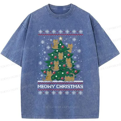 Tokyo-Tiger Cats Christmas Tree Washed T-Shirt