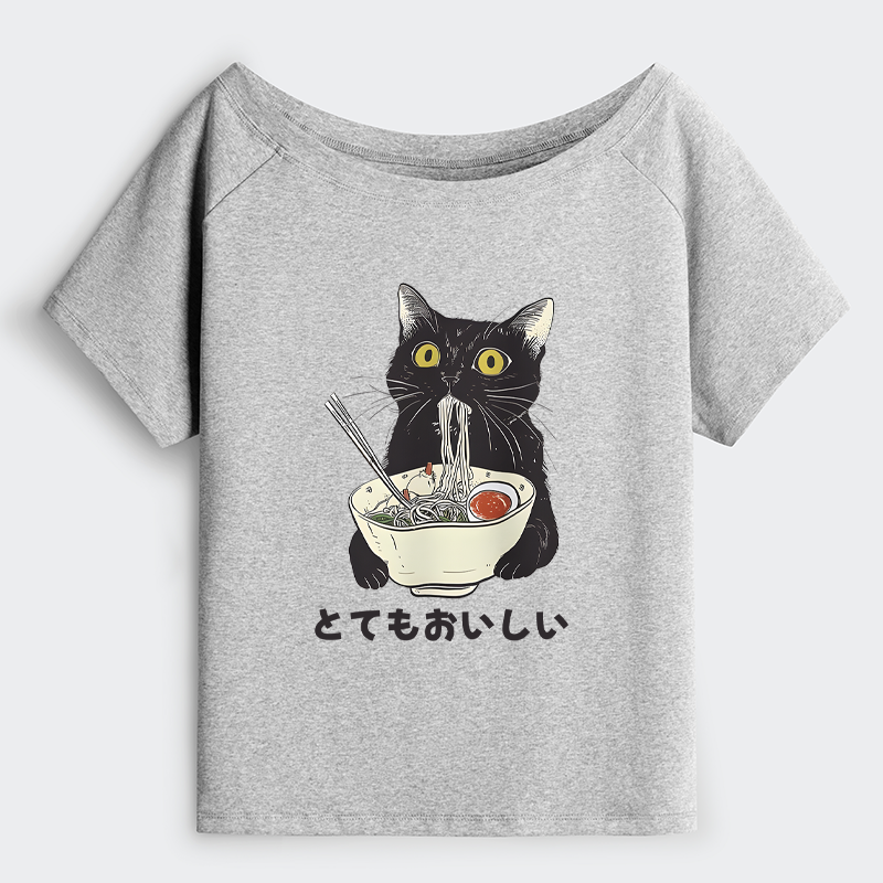 Tokyo-Tiger Cats Eat Ramen Noodles Off Shoulder T-Shirt