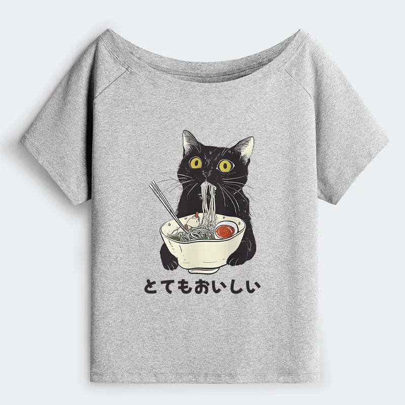 Tokyo-Tiger Cats Eat Ramen Noodles Off Shoulder T-Shirt
