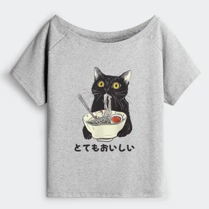 Tokyo-Tiger Cats Eat Ramen Noodles Off Shoulder T-Shirt