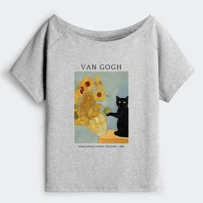 Tokyo-Tiger Black Cat With Sunflowers Off Shoulder T-Shirt