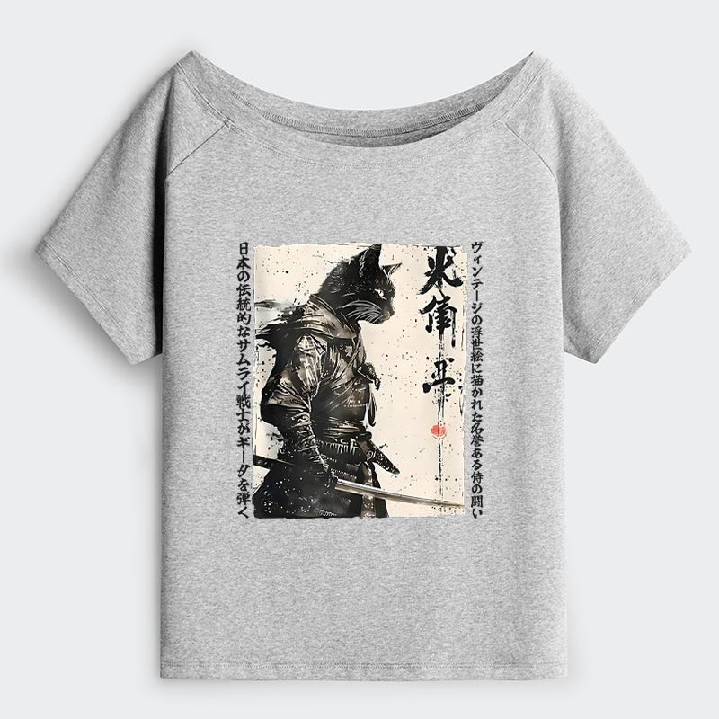 Tokyo-Tiger Cat Samurai Retro Off Shoulder T-Shirt