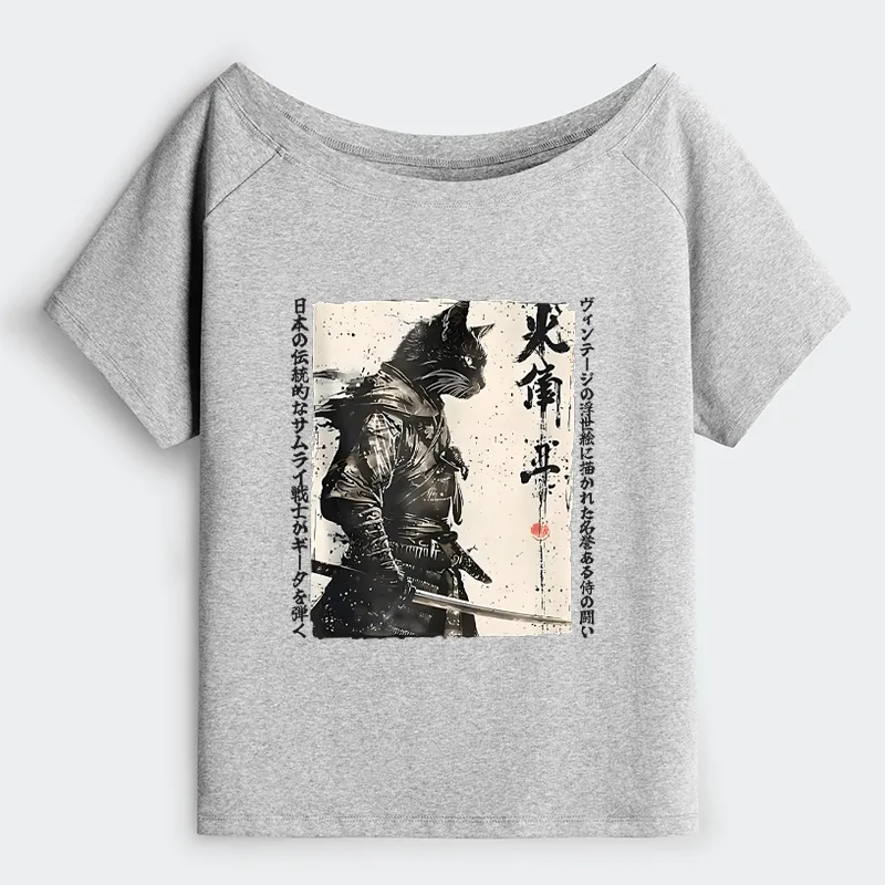 Tokyo-Tiger Cat Samurai Retro Off Shoulder T-Shirt