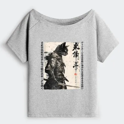 Tokyo-Tiger Cat Samurai Retro Off Shoulder T-Shirt