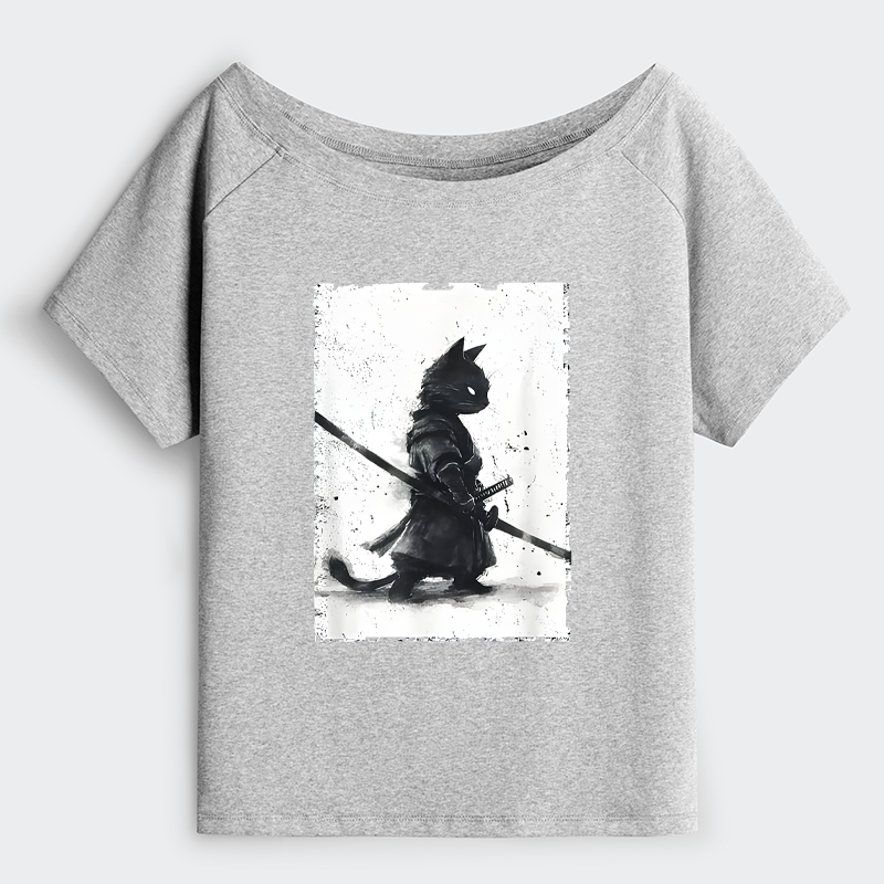 Tokyo-Tiger Retro Cat Samurai Japanese Shoulder T-Shirt