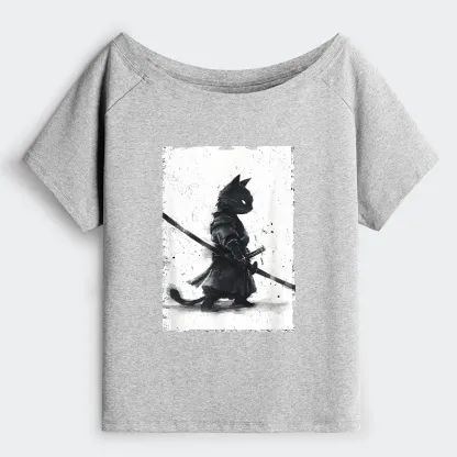 Tokyo-Tiger Retro Cat Samurai Japanese Shoulder T-Shirt