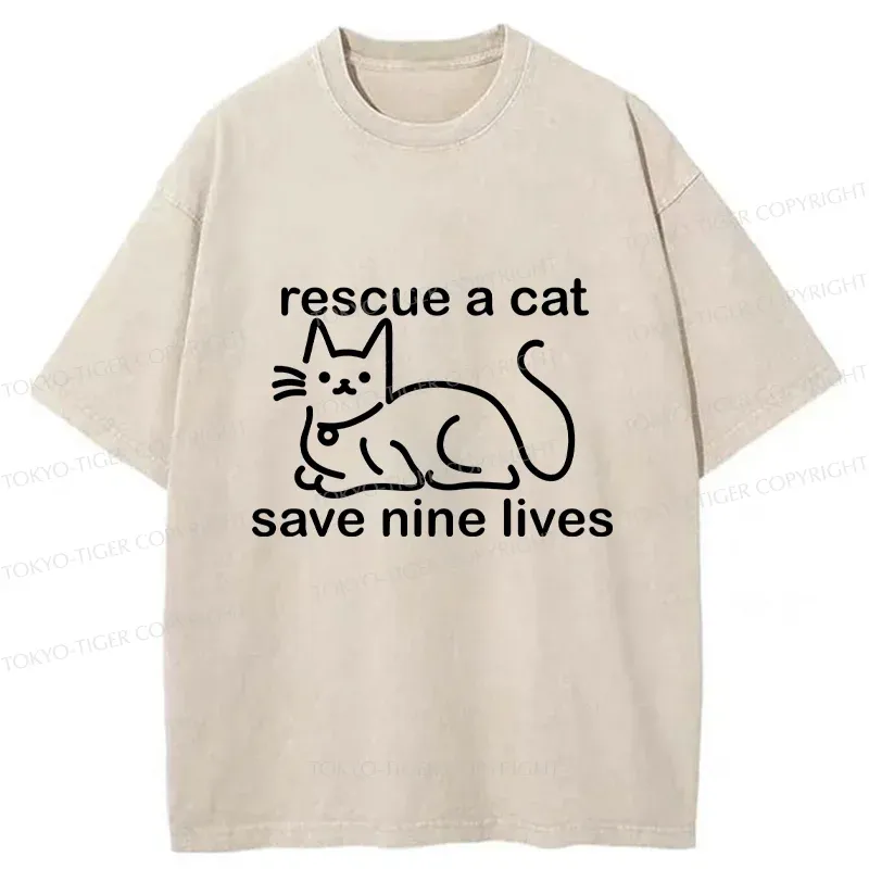 Tokyo-Tiger Nine Cats Funny Washed T-Shirt