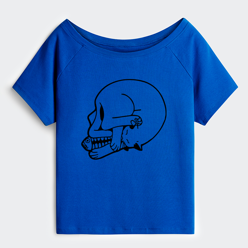 Tokyo-Tiger Funny Cat Eating Fish Off Shoulder T-Shirt