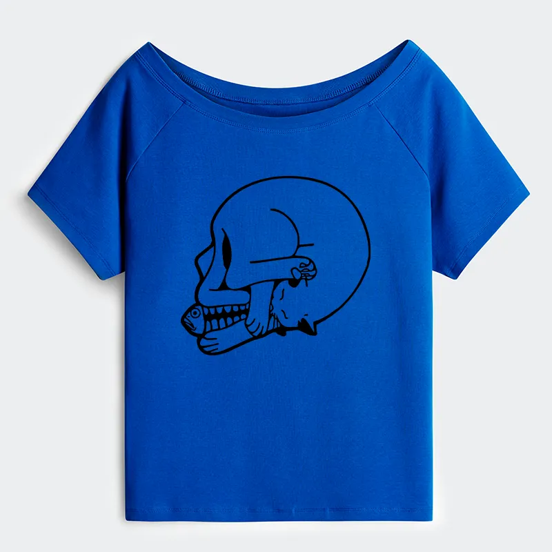 Tokyo-Tiger Funny Cat Eating Fish Off Shoulder T-Shirt