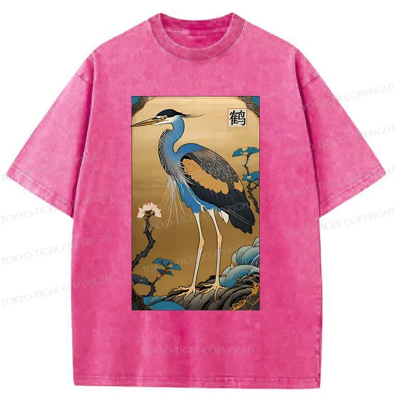 Tokyo-Tiger Ukiyo-e Japanese Cranes Washed T-Shirt