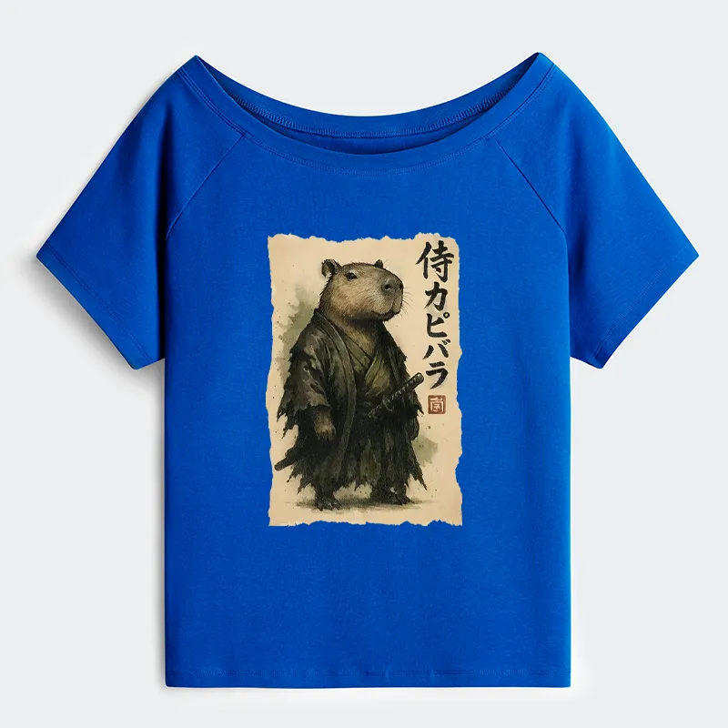 Tokyo-Tiger Capybara Samurai Off Shoulder T-Shirt