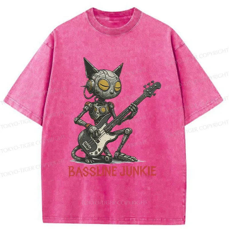 Tokyo-Tiger Robot Cat Playing Bass Washed T-Shirt