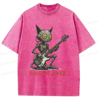 Tokyo-Tiger Robot Cat Playing Bass Washed T-Shirt