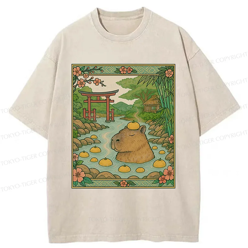 Tokyo-Tiger Bathing Capybara Ukiyoe Washed T-Shirt