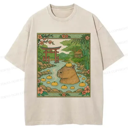 Tokyo-Tiger Bathing Capybara Ukiyoe Washed T-Shirt