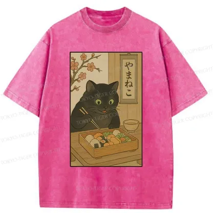 Tokyo-Tiger Black Cat Eating Sushi Washed T-Shirt