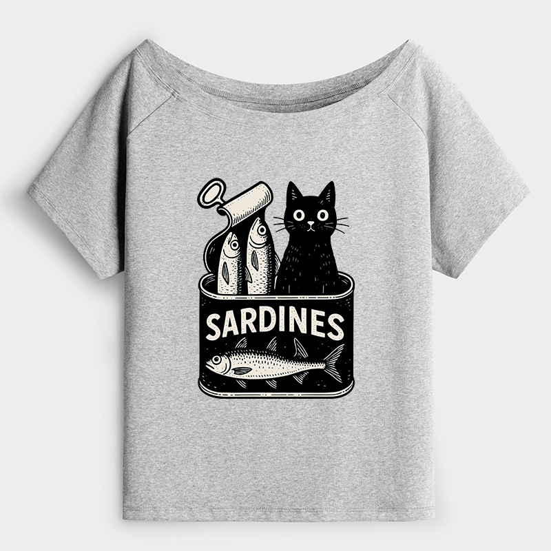 Tokyo-Tiger Cat And Canned Fish Off Shoulder T-Shirt