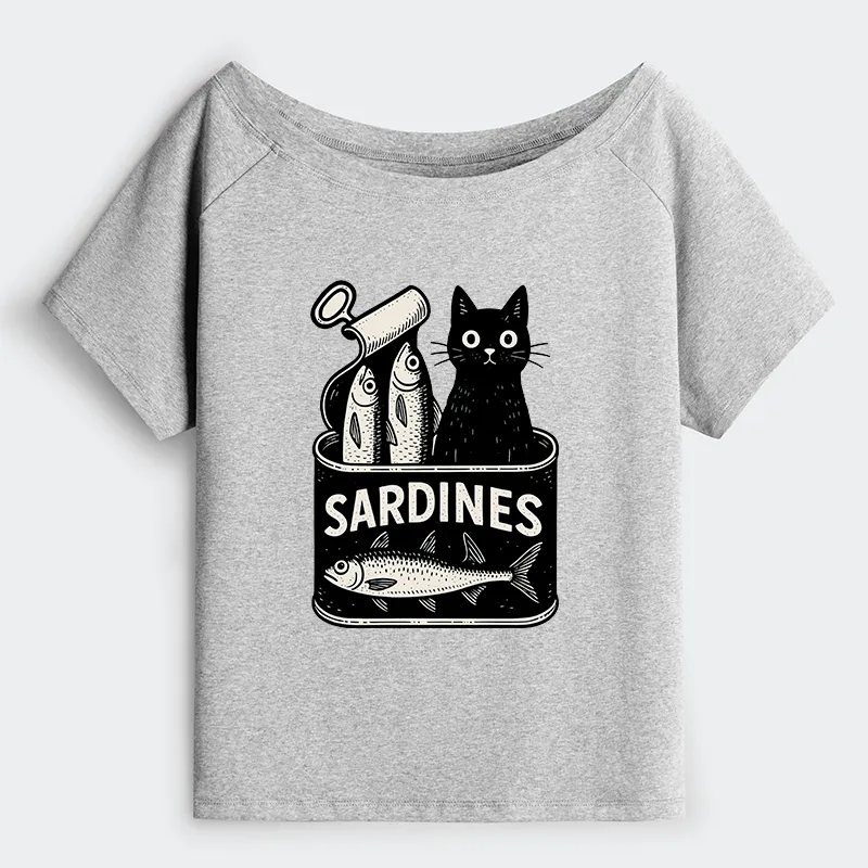 Tokyo-Tiger Cat And Canned Fish Off Shoulder T-Shirt