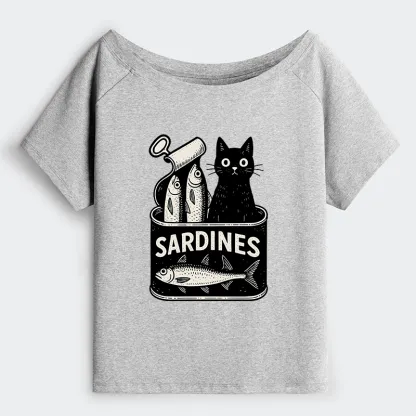 Tokyo-Tiger Cat And Canned Fish Off Shoulder T-Shirt