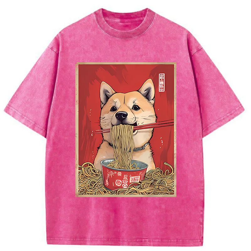 Tokyo-Tiger Shiba Lnu Eating Ramen Washed T-Shirt