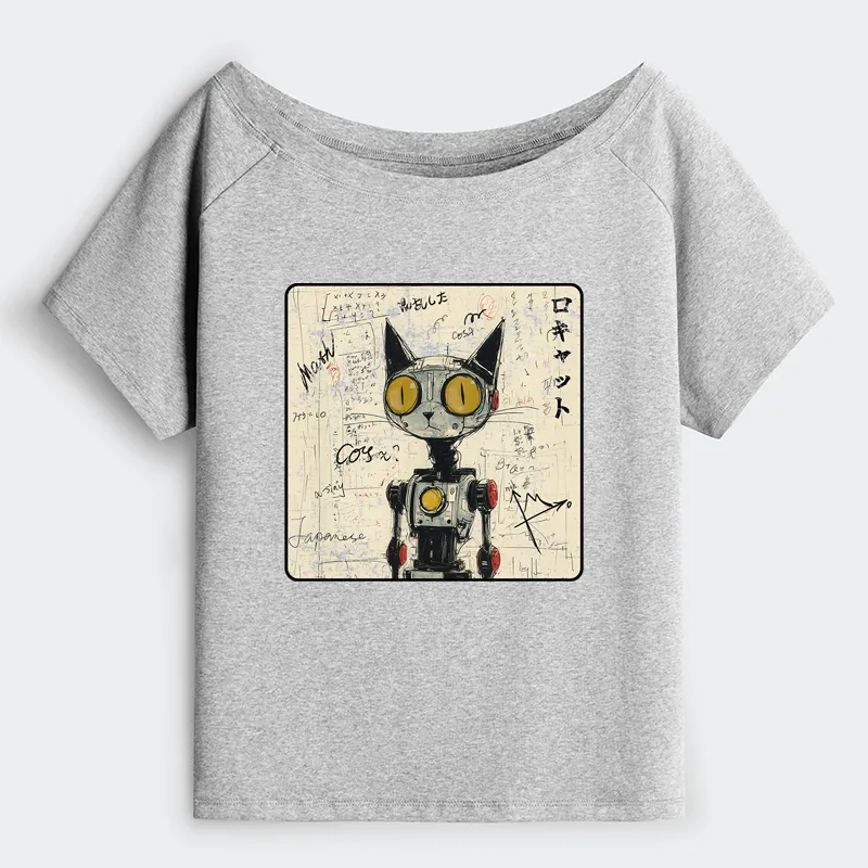 Tokyo-Tiger Robot Cat Off Shoulder T-Shirt