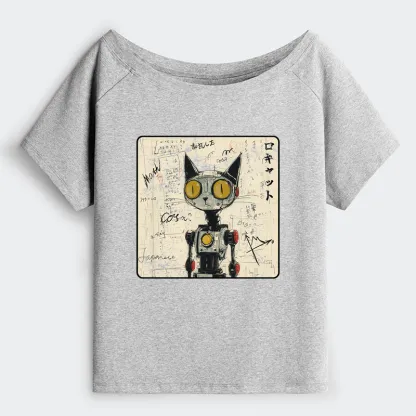 Tokyo-Tiger Robot Cat Off Shoulder T-Shirt