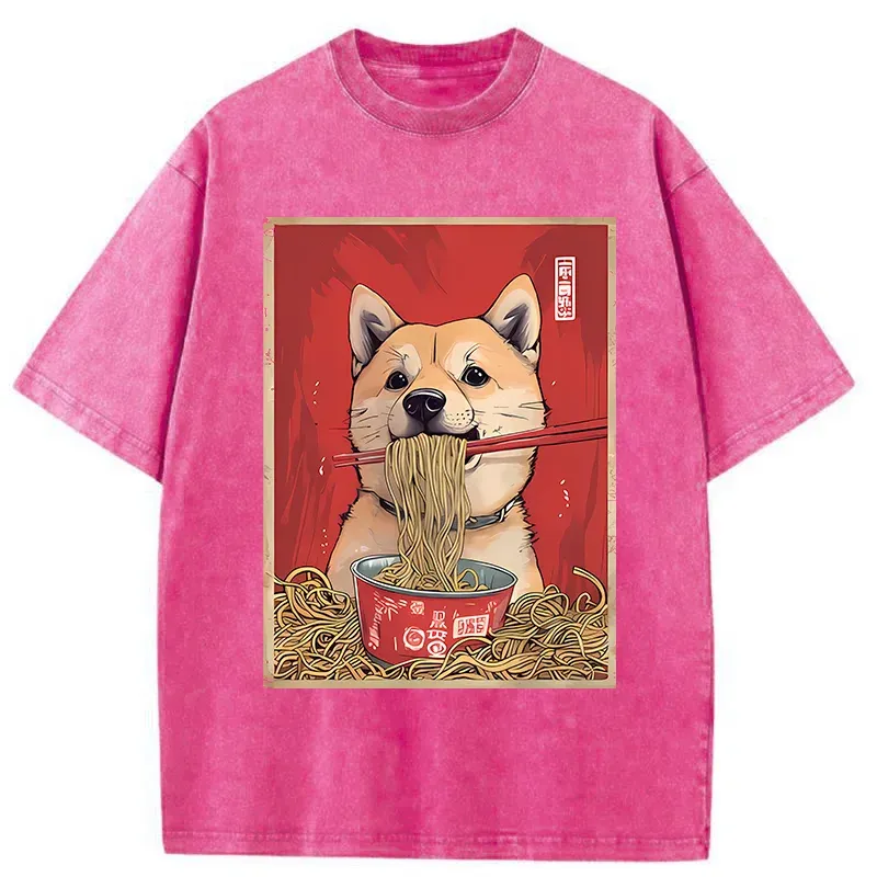 Tokyo-Tiger Shiba Lnu Eating Ramen Washed T-Shirt