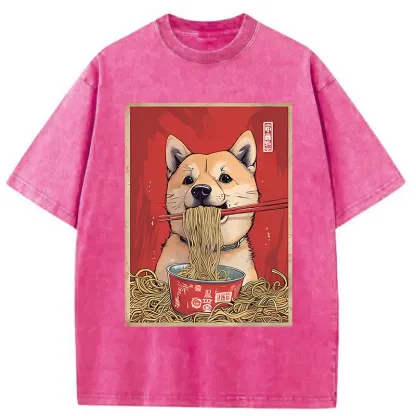 Tokyo-Tiger Shiba Lnu Eating Ramen Washed T-Shirt